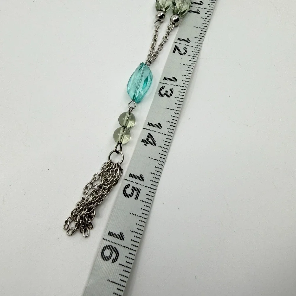 Necklace Turquoise Tone Green Bead Y Drop Silver Tone Chain Tassel Statement